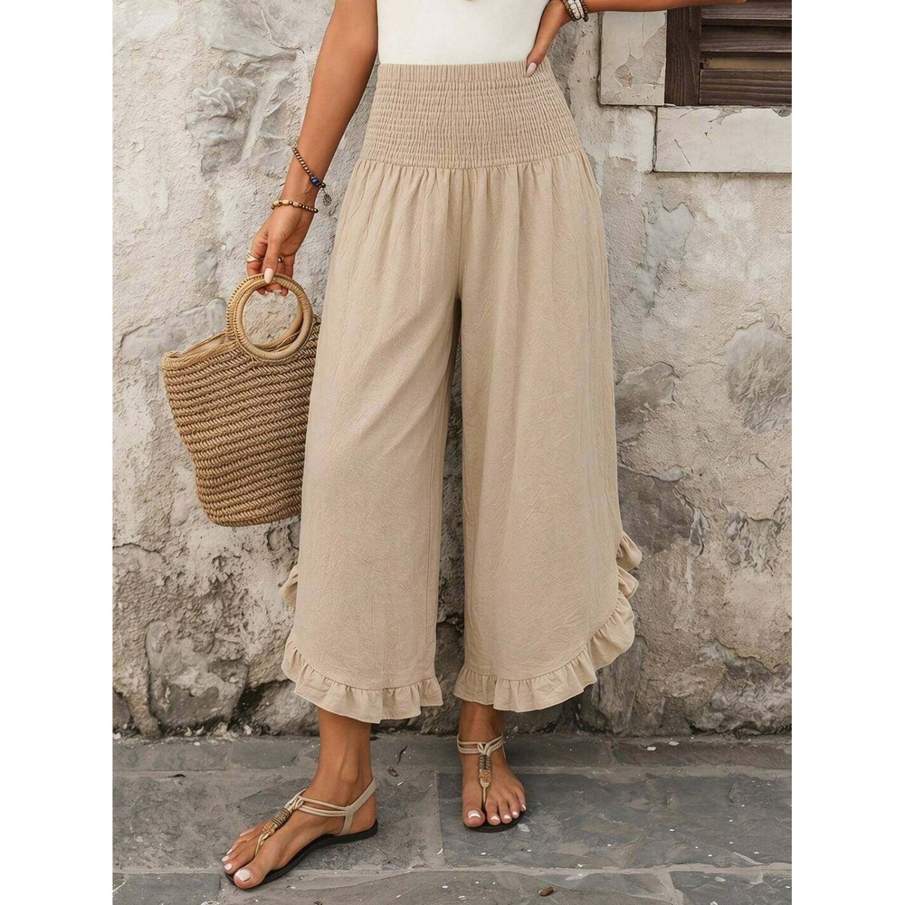 Smocked Ruffle Hem Boho Wide Leg Culottes XL Tan 100% Cotton Pants cottagecore